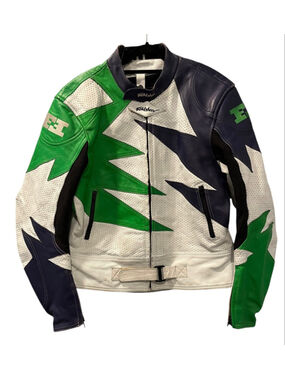 VTG 90s Fieldsheer Shark Tooth Leather Motorcycle Racing Jacket Green Size 46
